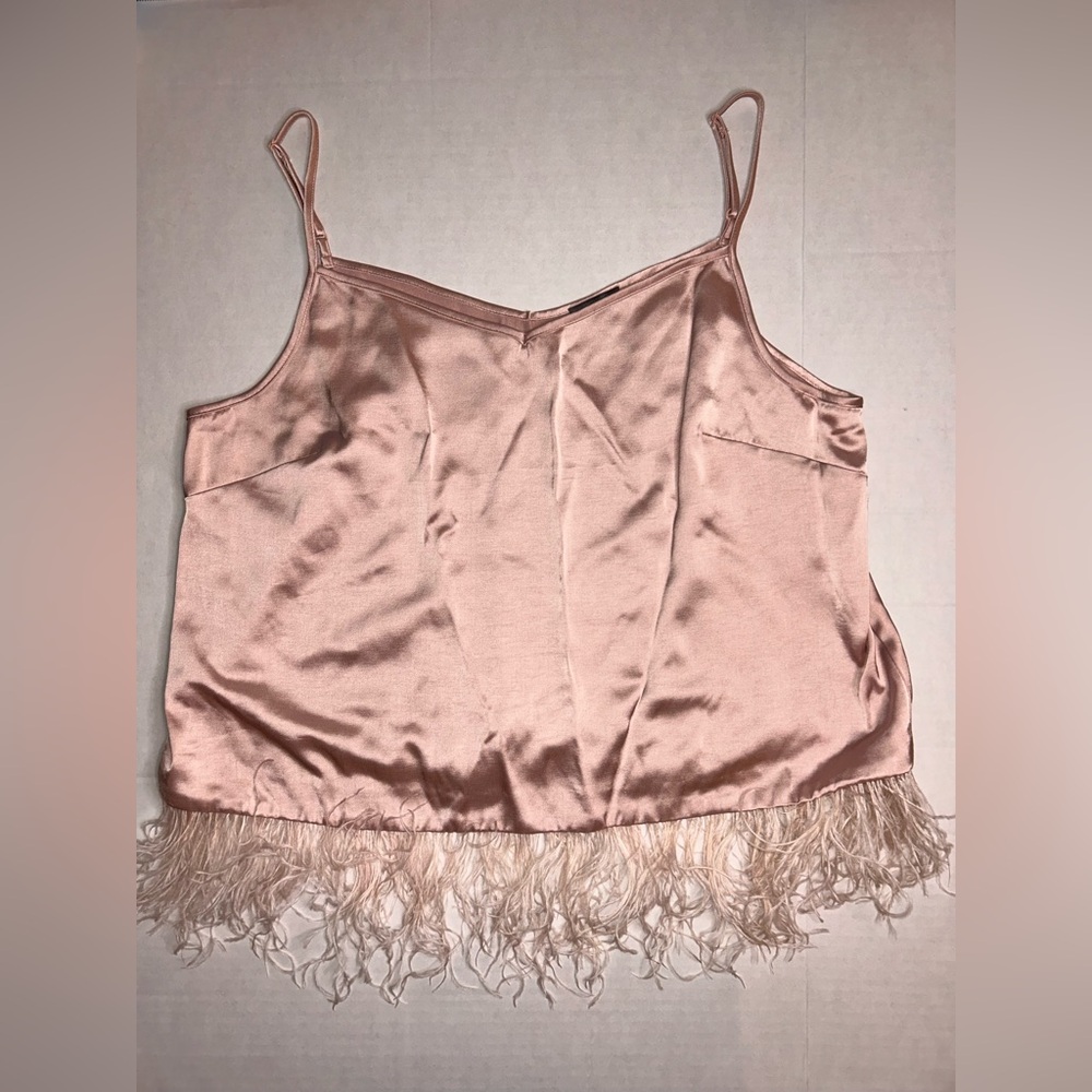 Vince Camuto Blush Satin Camisole with Feather Trim